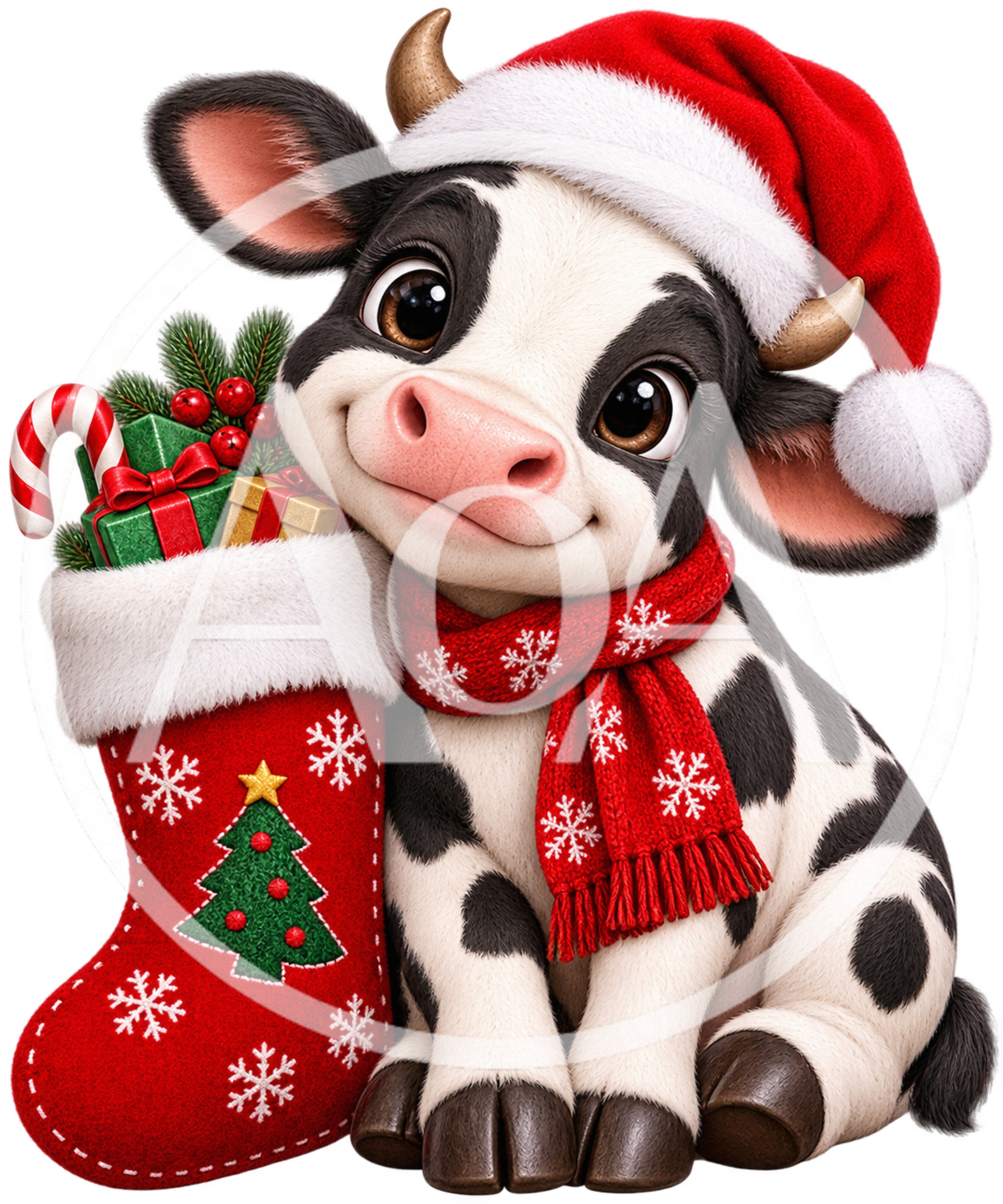 Cute Cartoon Cow Wearing Santa Hat And Scarf