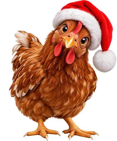 Brown Chicken Wearing A Festive Santa Claus Hat