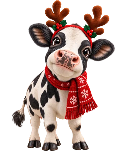 Cute Cartoon Cow Wearing Reindeer Antlers And Scarf