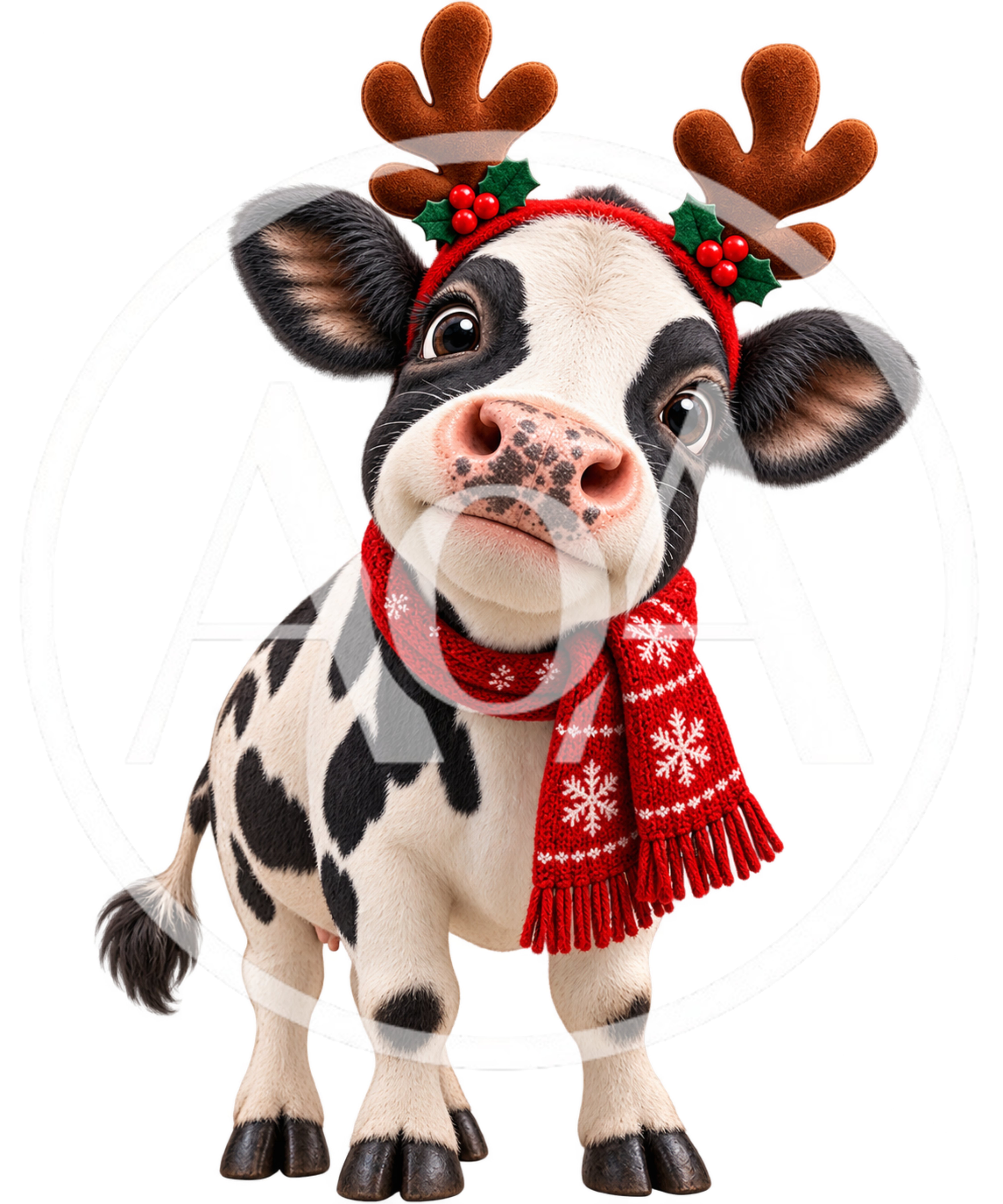 Cute Cartoon Cow Wearing Reindeer Antlers And Scarf