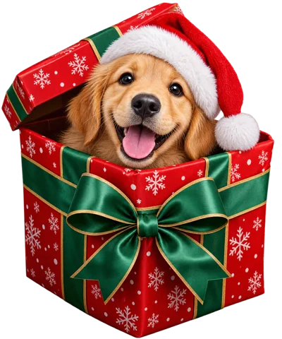Golden Retriever Puppy Wearing Santa Hat In Gift Box