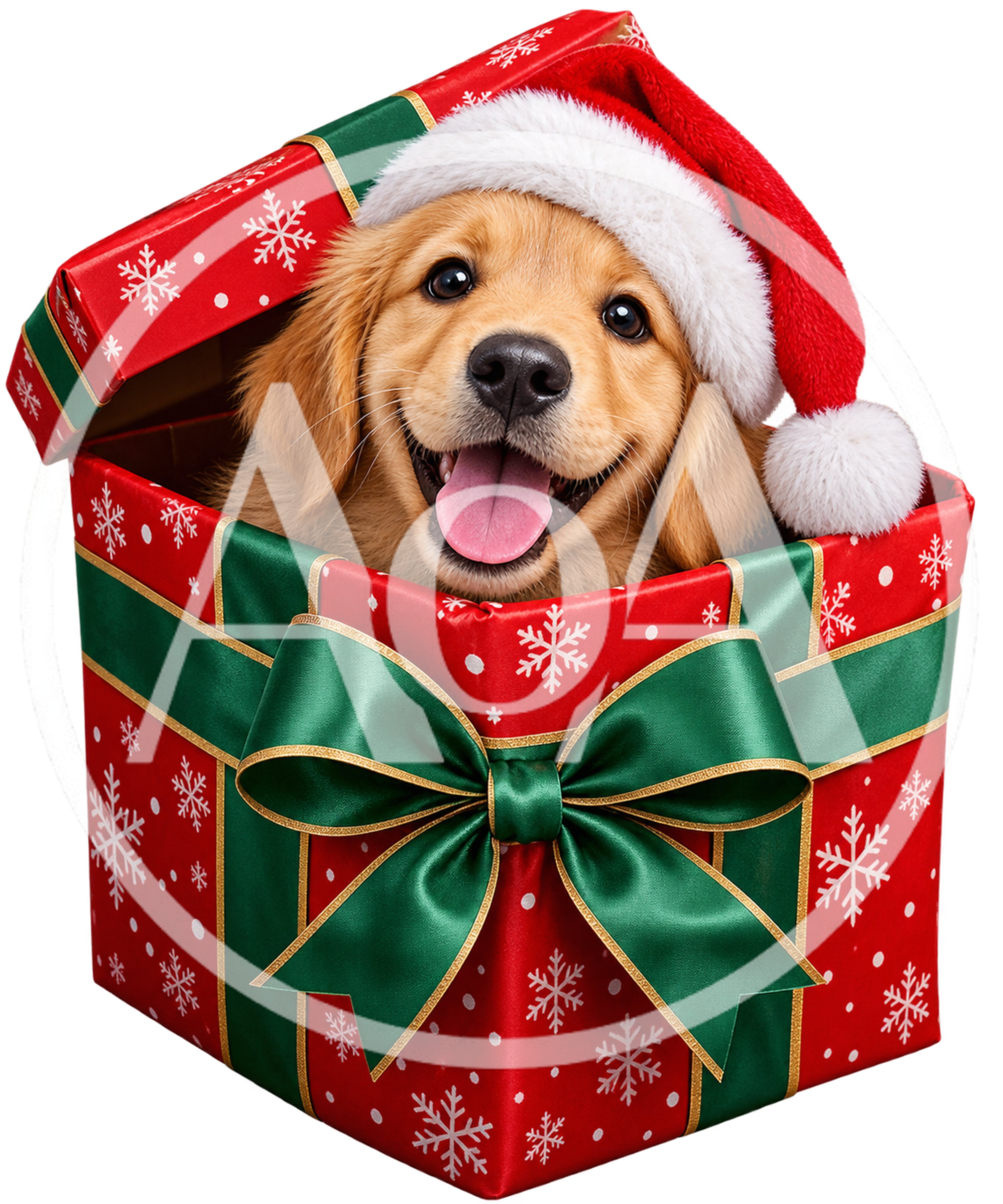 Golden Retriever Puppy Wearing Santa Hat In Gift Box