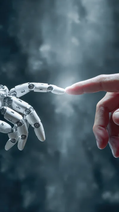Robotic Hand Touching Human Finger In Digital Space
