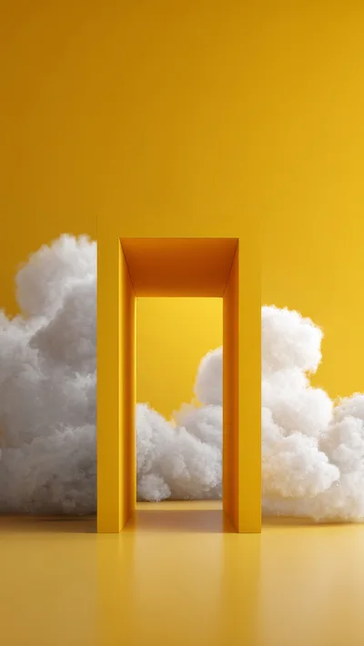 Minimalist Yellow Archway Surrounded By Fluffy White Clouds