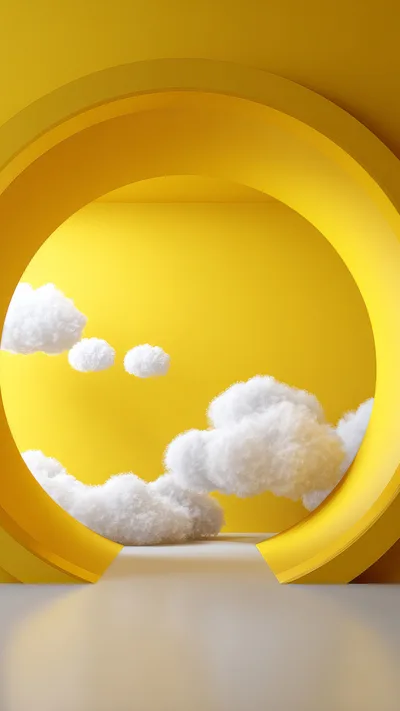 Abstract Yellow Circular Portal With Floating White Clouds