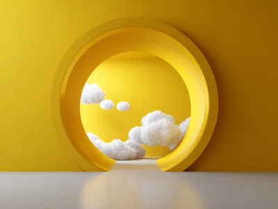 Abstract Yellow Circular Portal With Floating Clouds