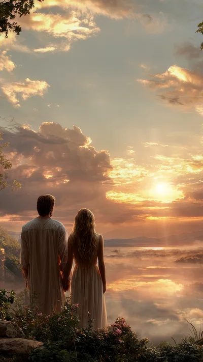 Couple Standing Together Watching A Golden Sunset