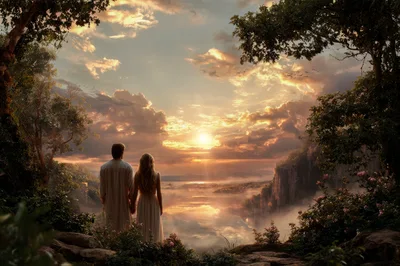 Couple Standing Together Overlooking A Misty Sunset Valley