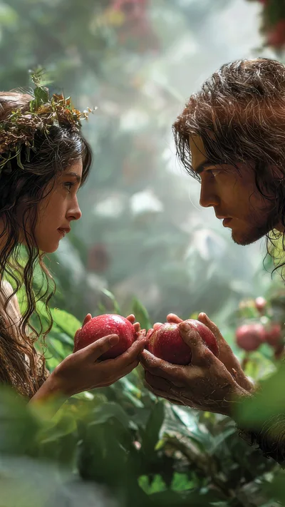 Adam and Eve Holding Forbidden Apples in Garden