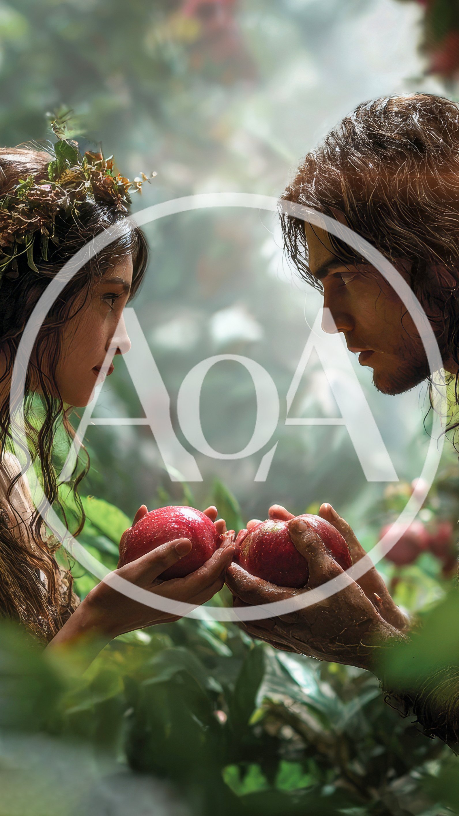 Adam and Eve Holding Forbidden Apples in Garden