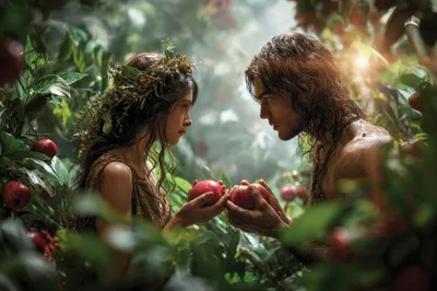Adam and Eve Holding Apples in Garden of Eden