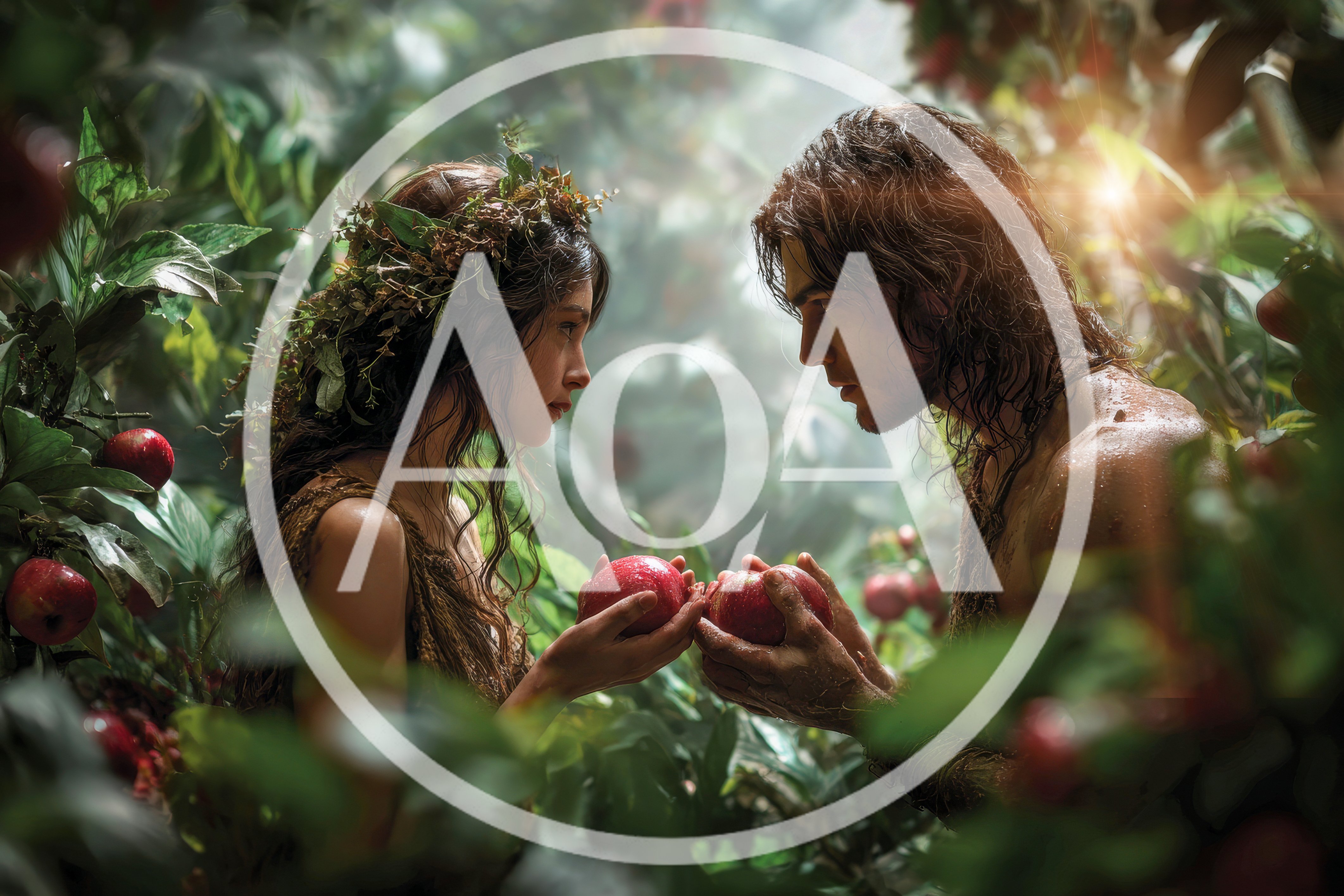 Adam and Eve Holding Apples in Garden of Eden