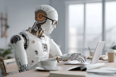 Humanoid Robot Working On Laptop In Modern Office