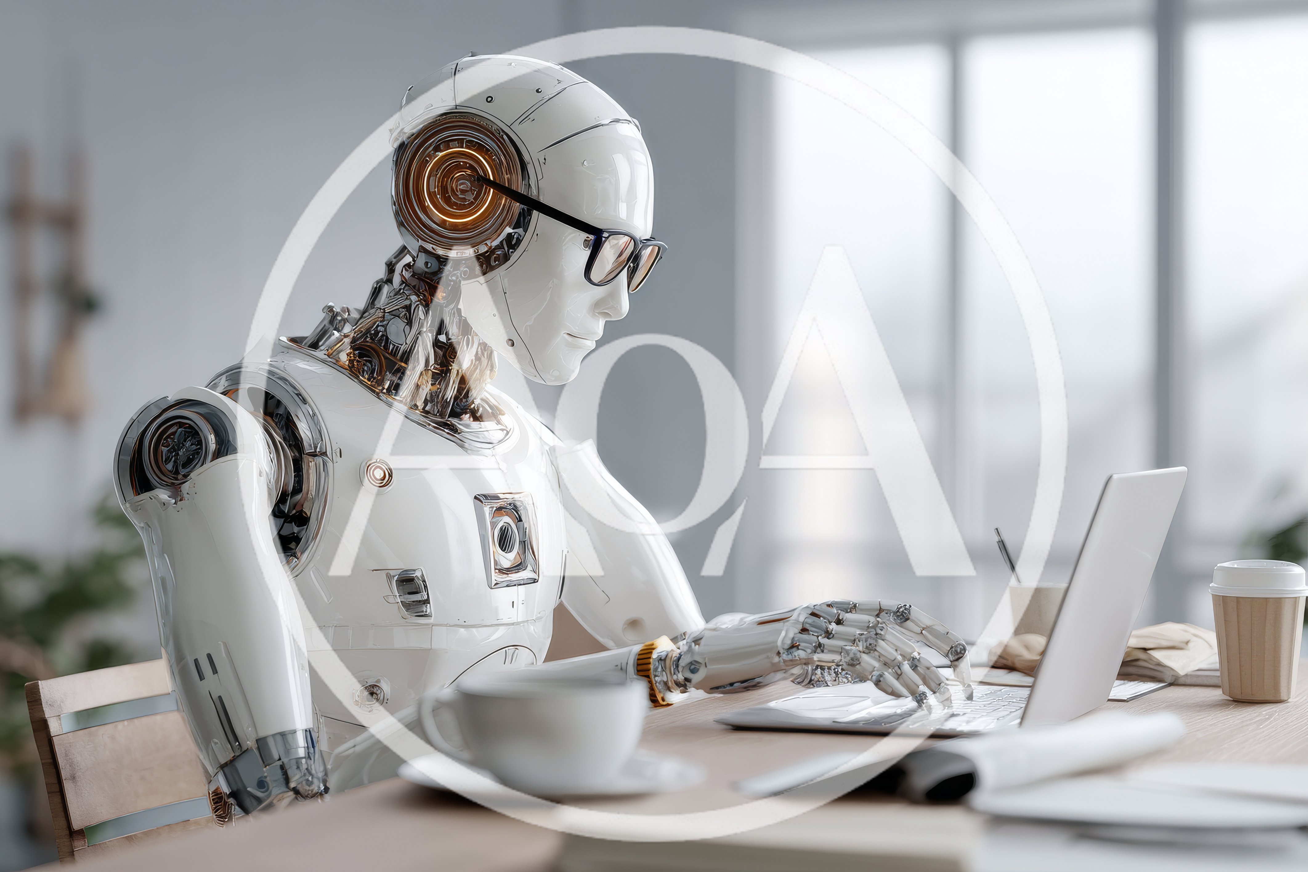 Humanoid Robot Working On Laptop In Modern Office