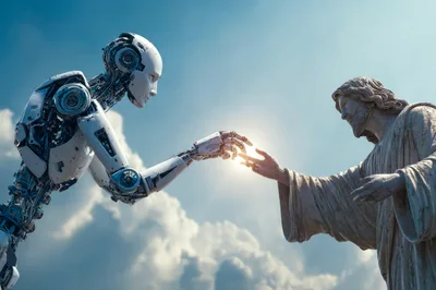 Futuristic Robot Reaching Out To Jesus Christ