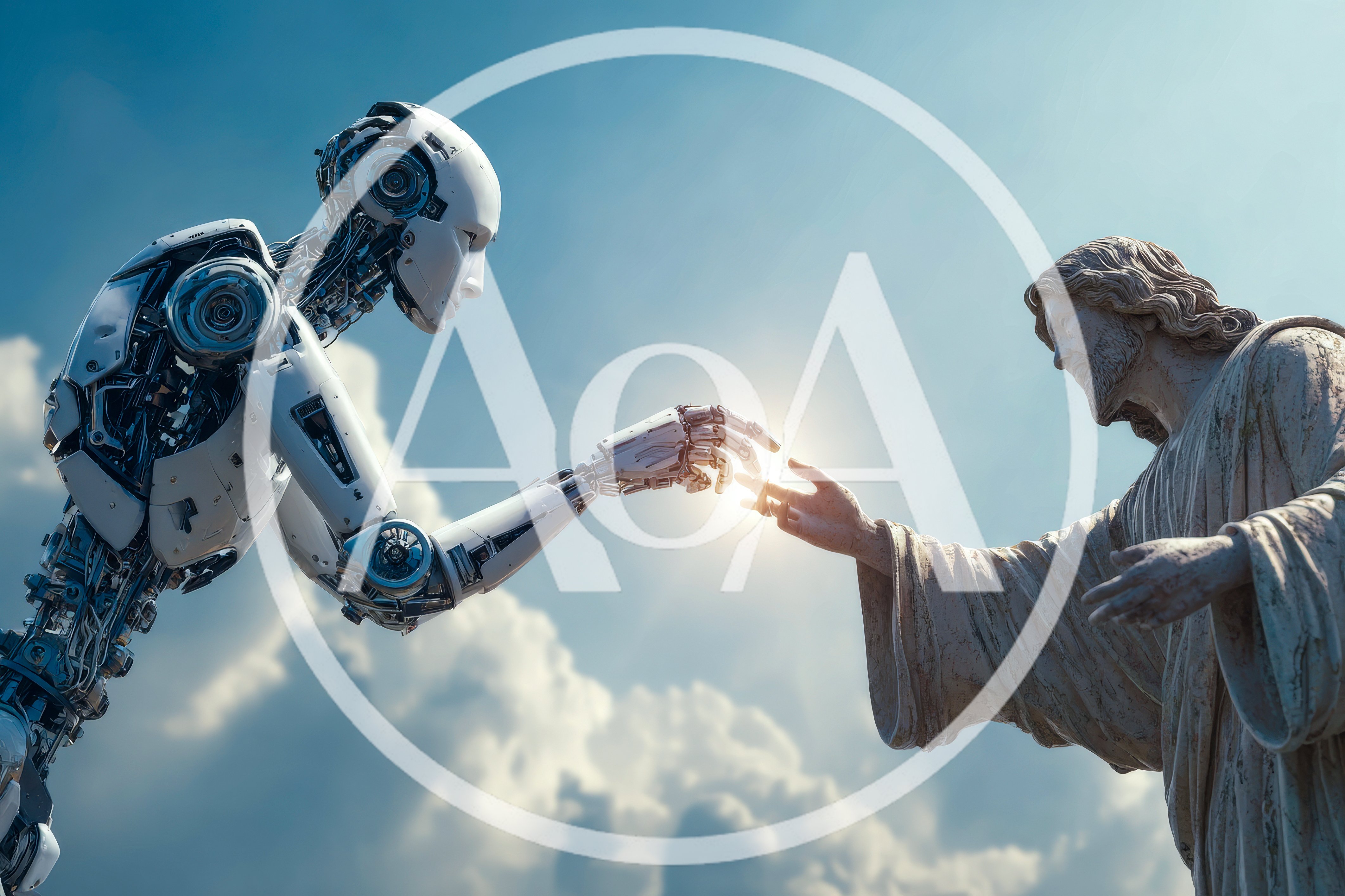 Futuristic Robot Reaching Out To Jesus Christ