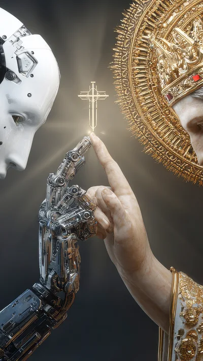 Robotic Hand Touching Human Finger Under Glowing Cross