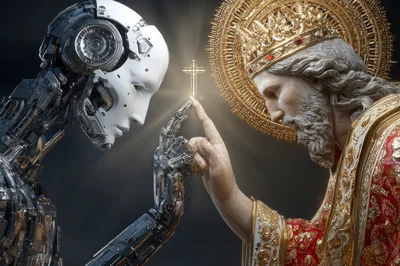 Futuristic Robot Touching Fingers With Divine Religious Figure