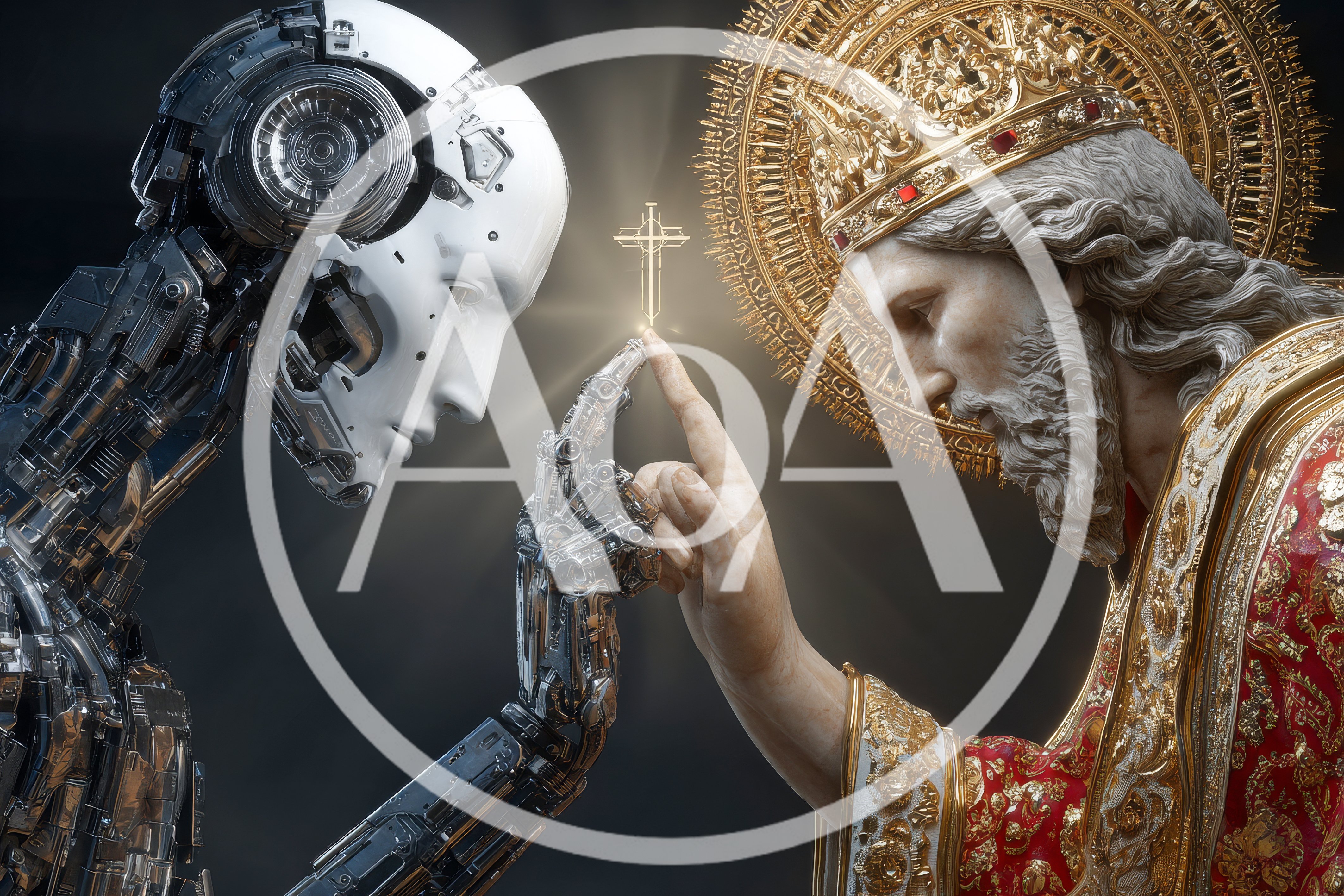 Futuristic Robot Touching Fingers With Divine Religious Figure