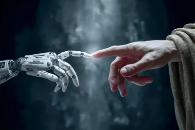 Robotic Hand Touching Human Finger In Creation Concept