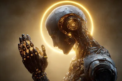 Cybernetic Android Praying With Glowing Halo