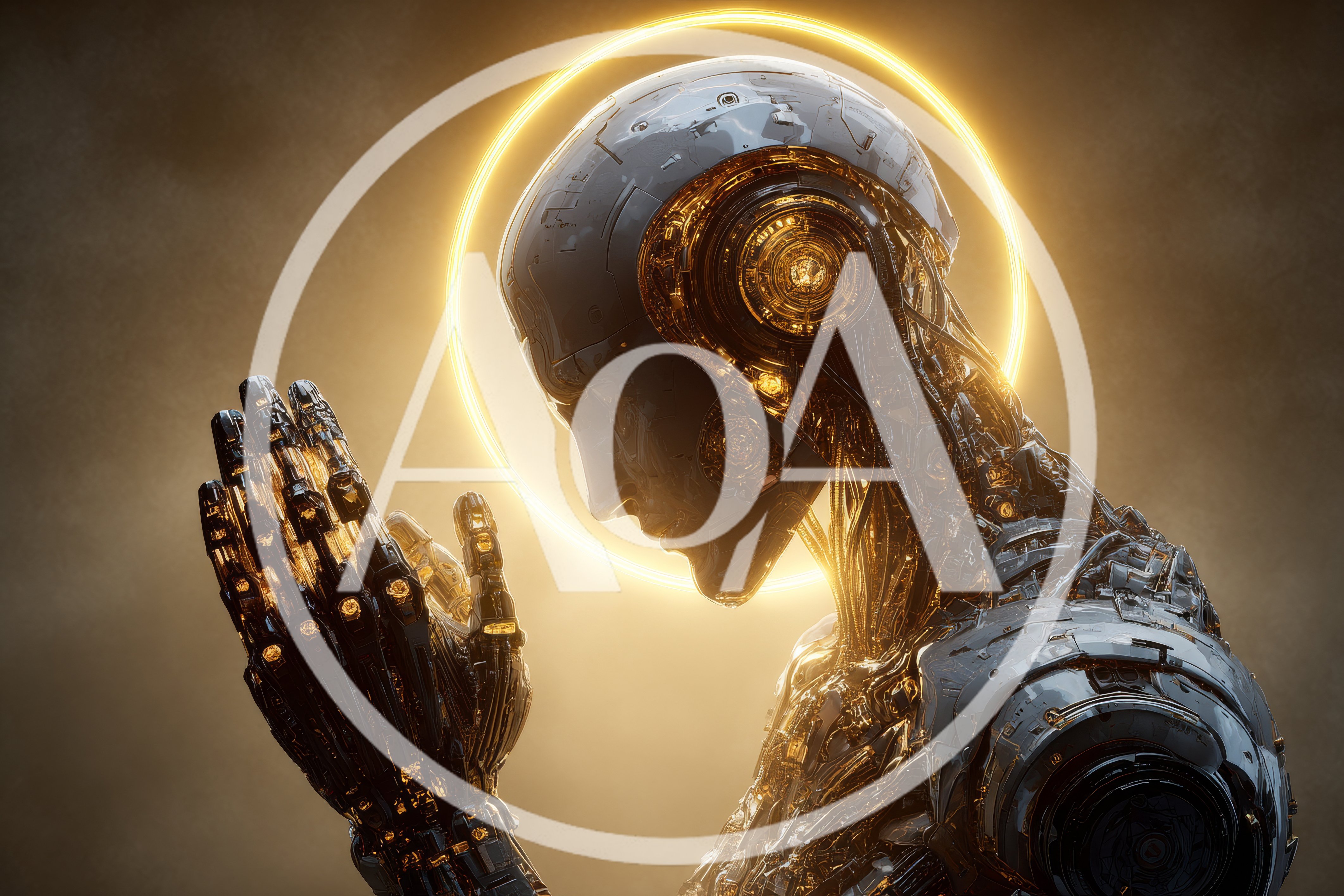 Cybernetic Android Praying With Glowing Halo