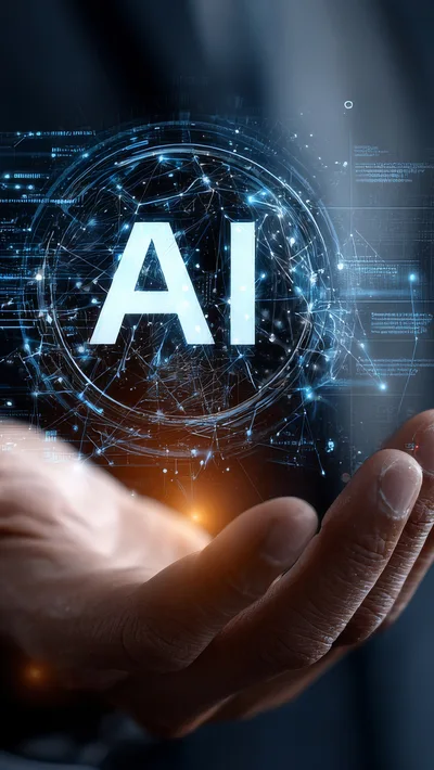 Human Hand Holding Digital AI Hologram Interface