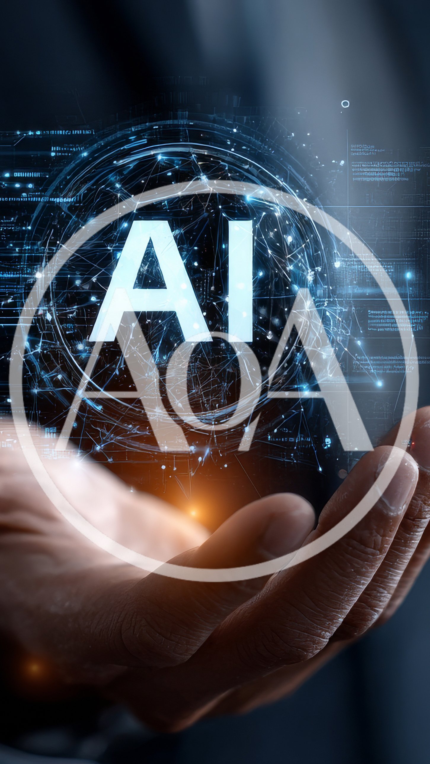 Human Hand Holding Digital AI Hologram Interface