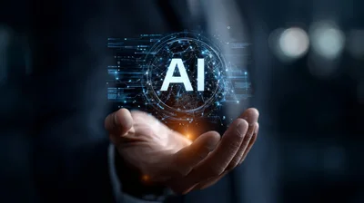 Businessman Holding Digital AI Hologram Interface