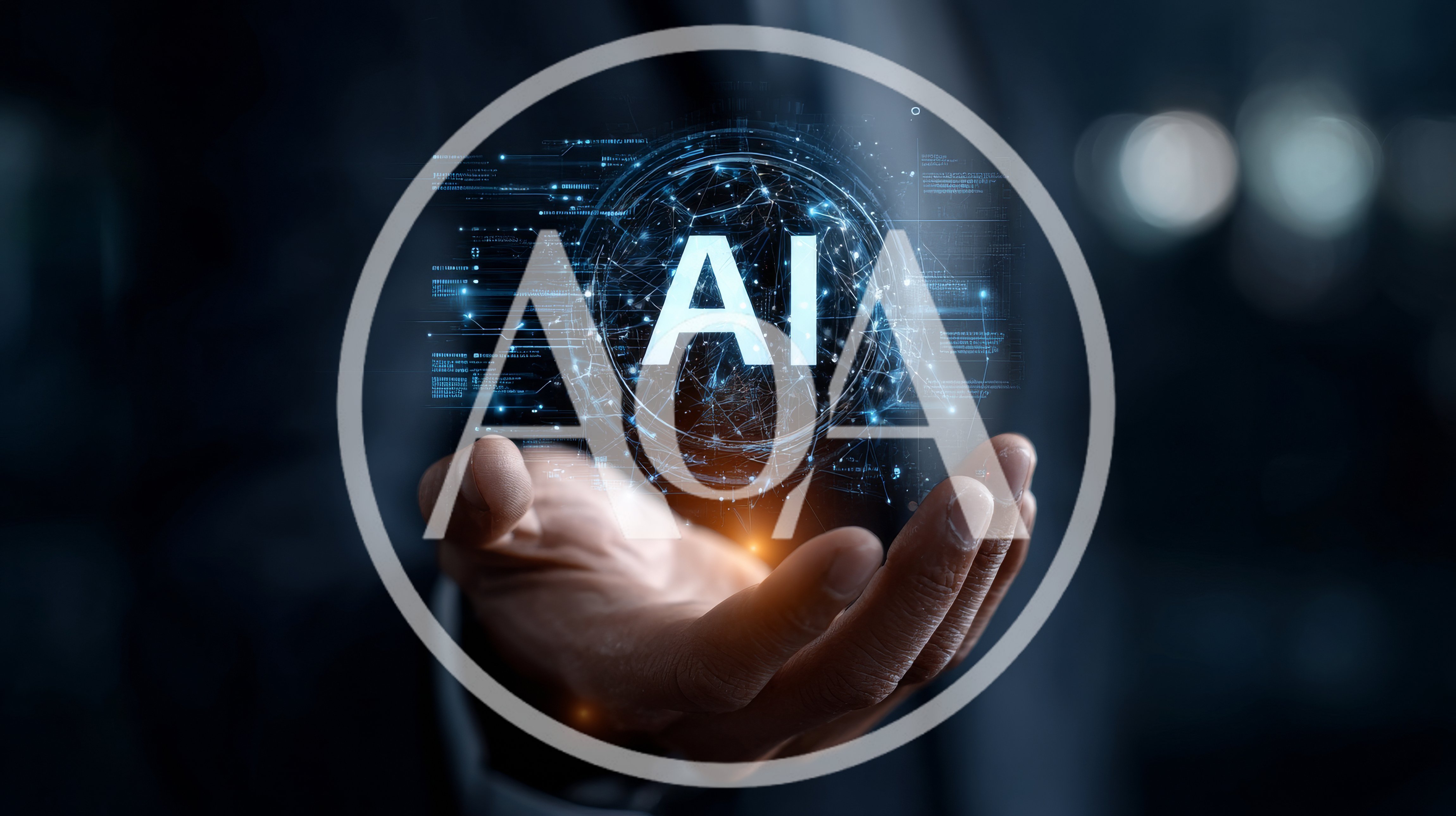 Businessman Holding Digital AI Hologram Interface
