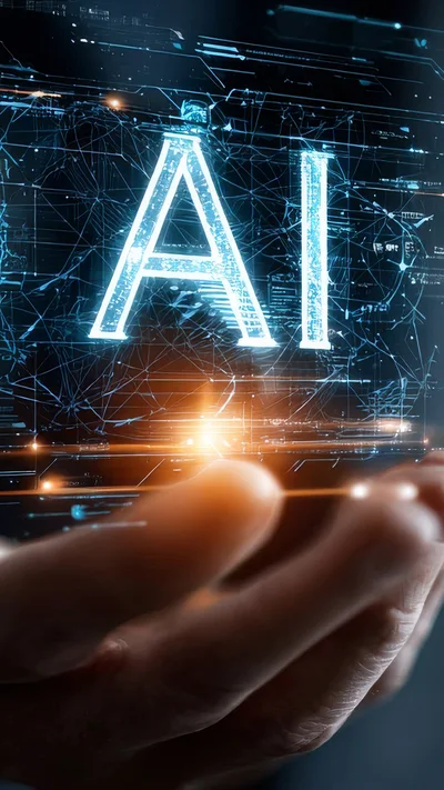 Human Hand Holding Glowing Digital AI Hologram