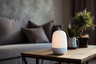 Modern Smart Lamp On A Wooden Coffee Table