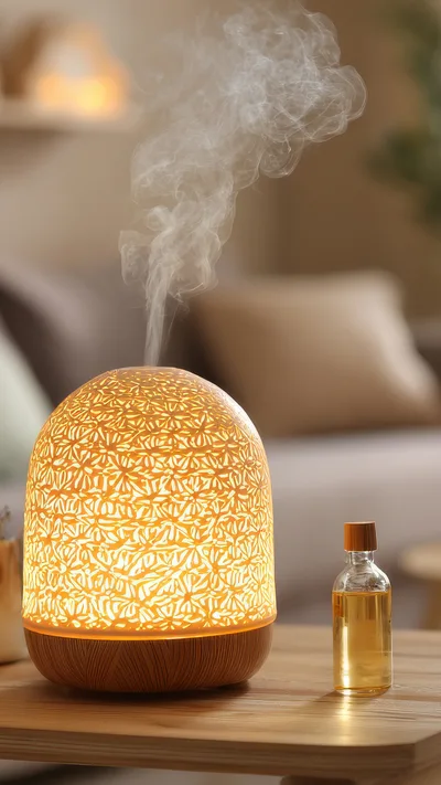 Essential Oil Diffuser Emitting Mist on Wooden Table
