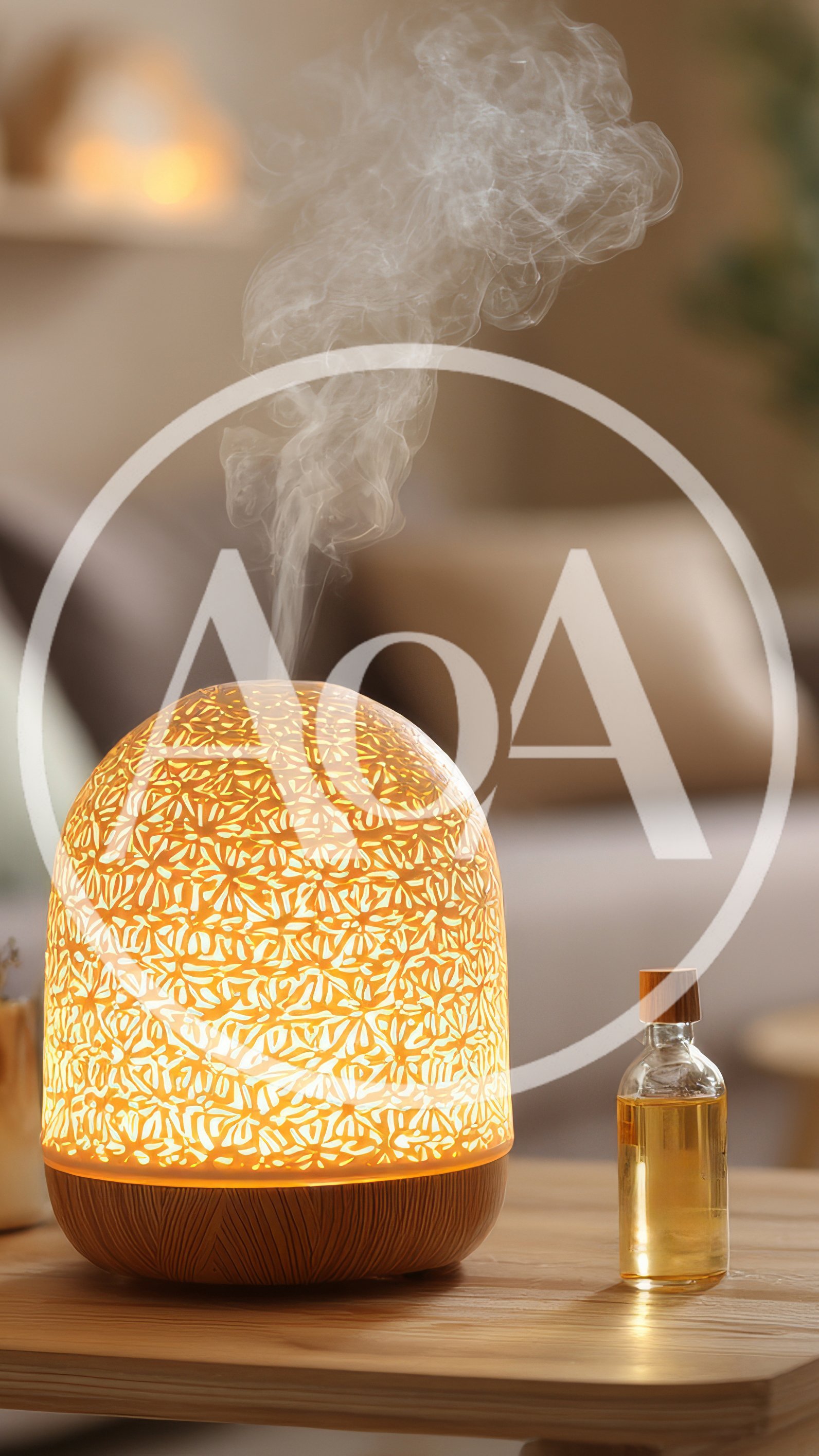 Essential Oil Diffuser Emitting Mist on Wooden Table