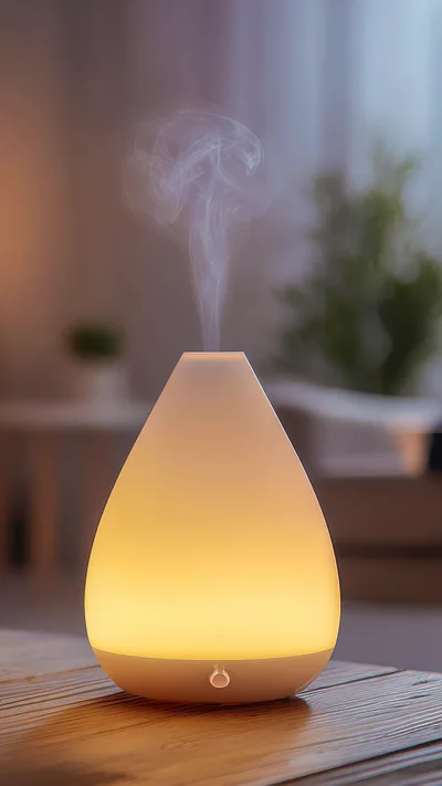 Essential Oil Diffuser Emitting Mist On Wooden Table