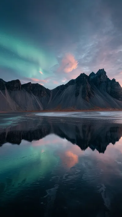 Stunning Vestrahorn Mountain Reflection Under Aurora Borealis