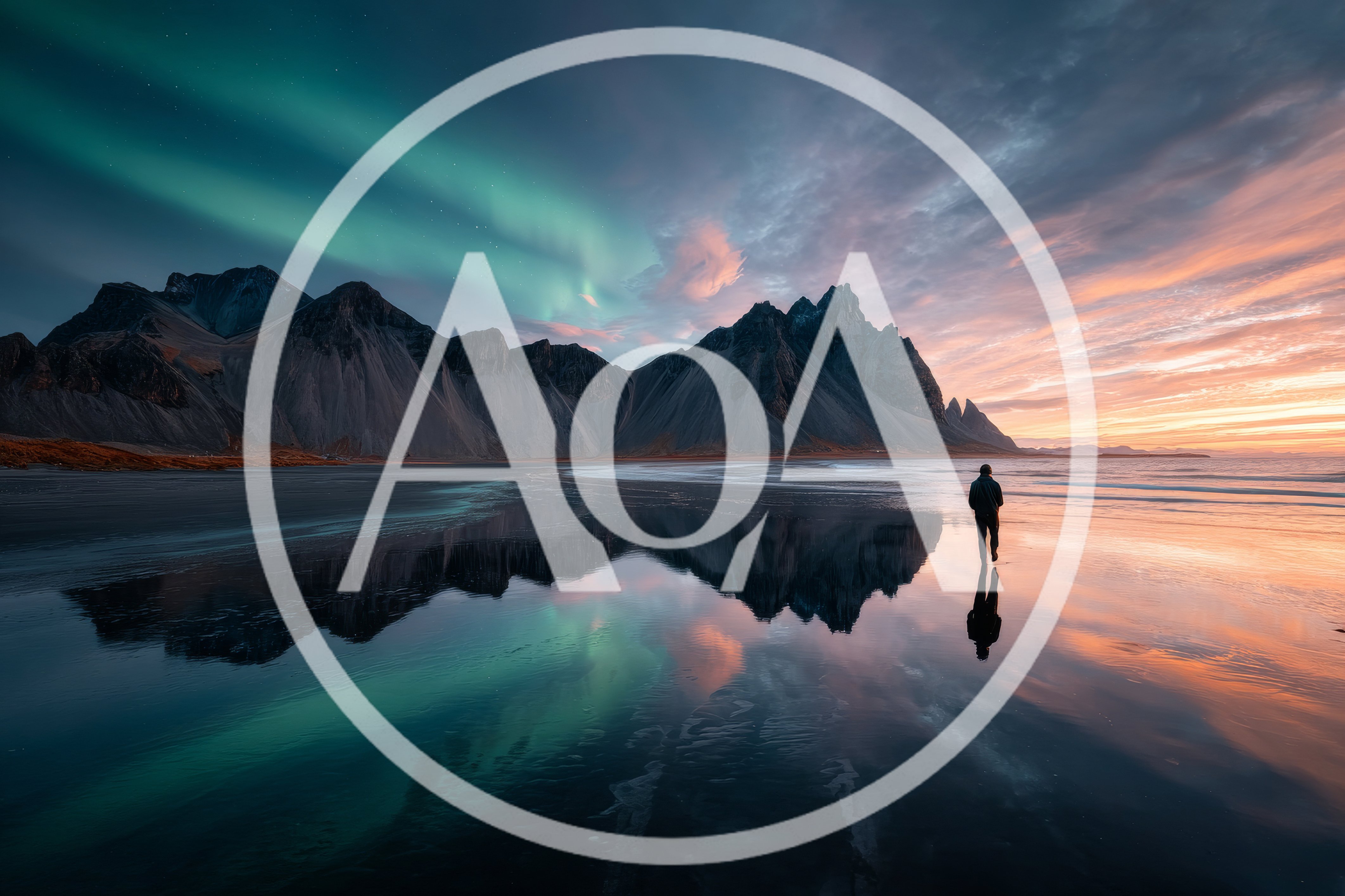 Lone Traveler Walking On Vestrahorn Beach Under Aurora Borealis