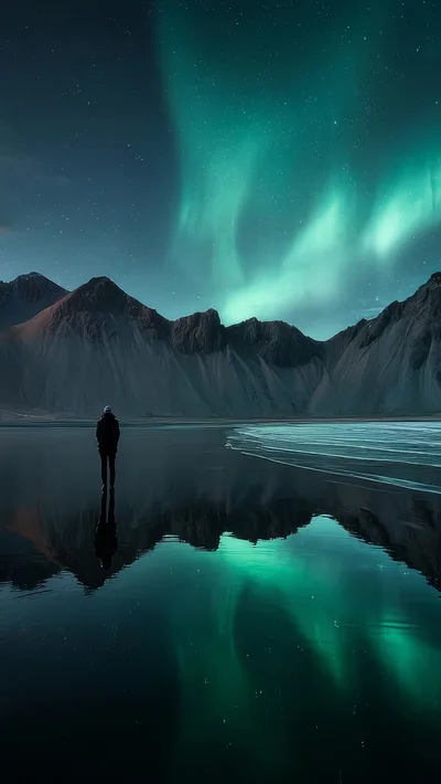 Lone Person Standing Before Aurora Borealis Over Mountains