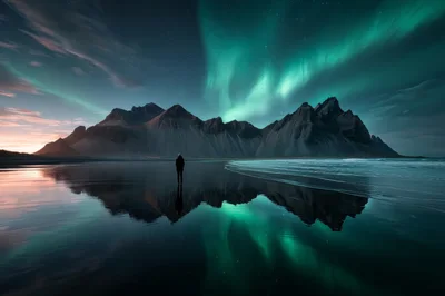 Lone Person Standing Before Vestrahorn Mountain Under Aurora Borealis