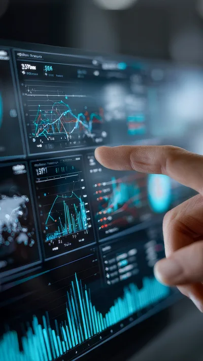 Finger Touching Digital Financial Data Dashboard