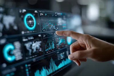 Hand Interacting With Digital Data Analytics Dashboard