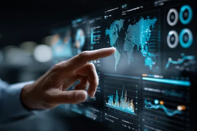 Business Professional Interacting With Digital Global Data Dashboard
