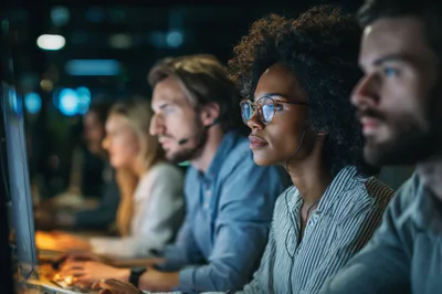Diverse Team Working In A Modern Night Office