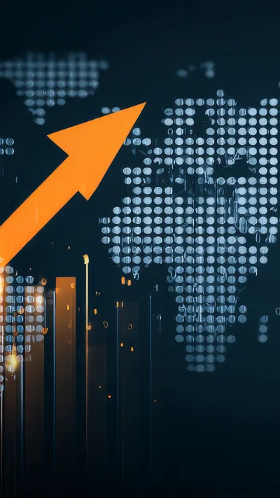 Digital World Map With Rising Financial Growth Arrow