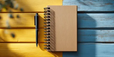 Spiral Notebook and Pen on Two Tone Wooden Background