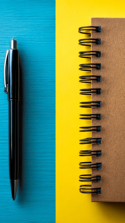 Black Pen And Spiral Notebook On Blue And Yellow Background