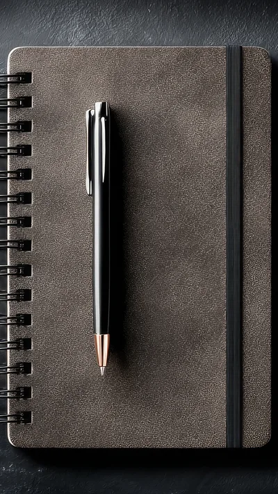 Black Pen Resting on a Textured Spiral Notebook