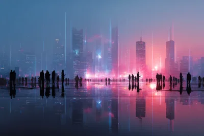 Silhouettes Of People Walking In A Futuristic Cyberpunk City