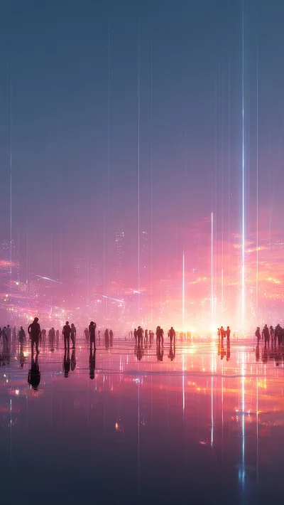 Silhouetted Figures Standing In A Futuristic Glowing Cityscape