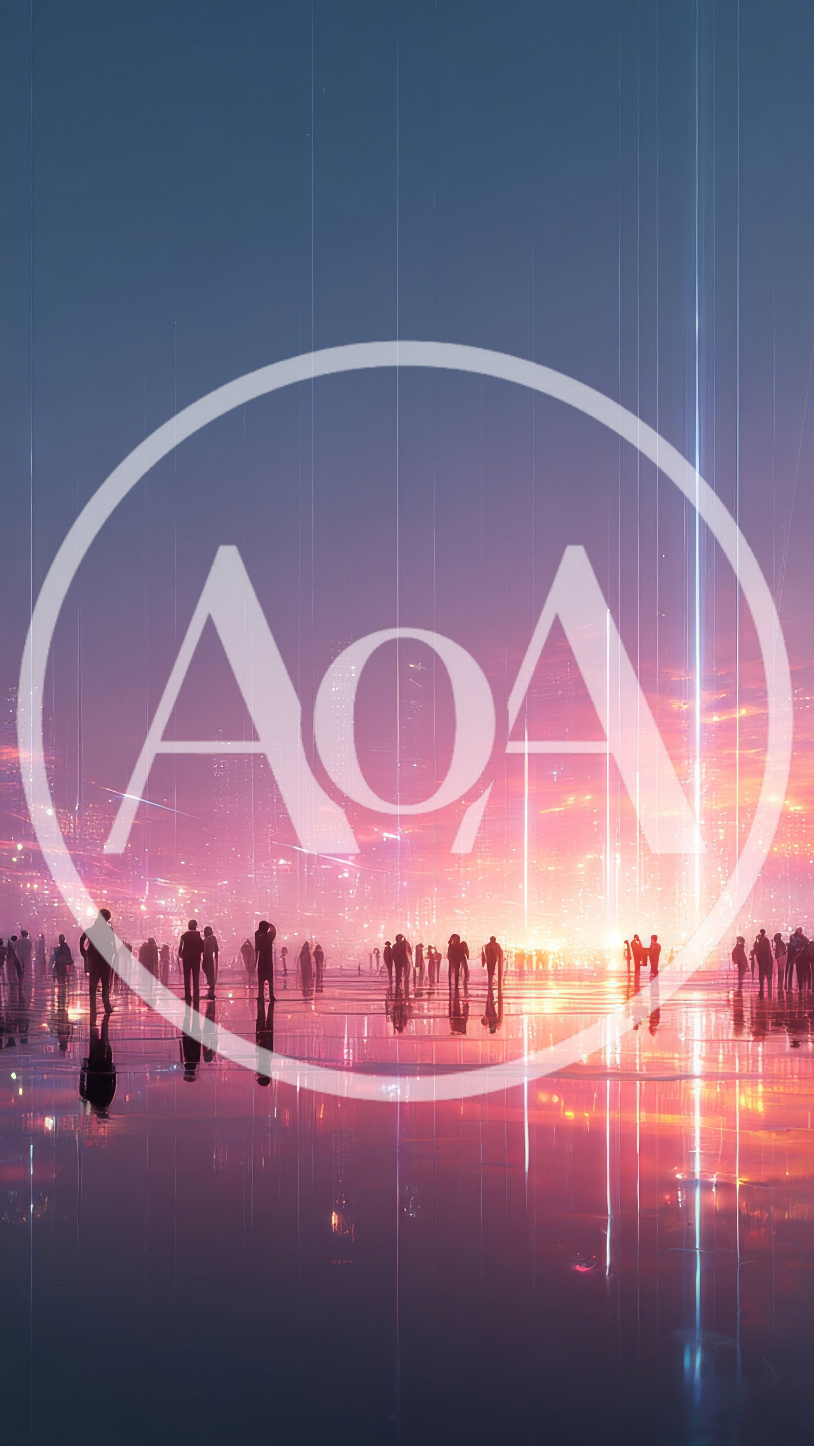 Silhouetted Figures Standing In A Futuristic Glowing Cityscape
